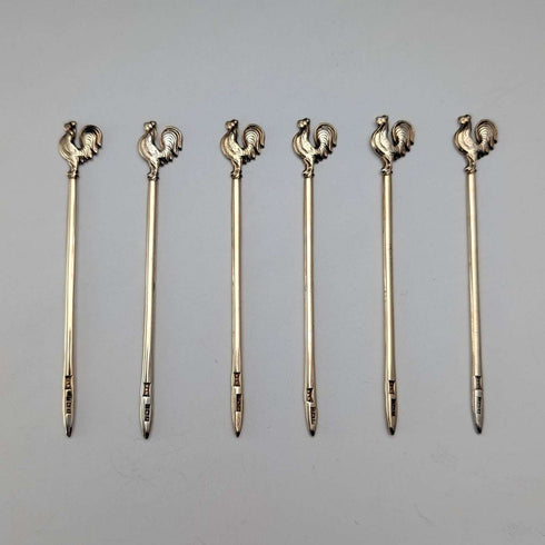 Juego de 6 palillos para cóctel de plata de ley, vintage, Reino Unido 1958, 19 g en total, Walker & Hall, con estuche.