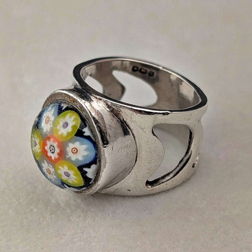 Anillo vintage escocés de plata de ley y cristal de Caithness con diseño millefiori (talla 15)