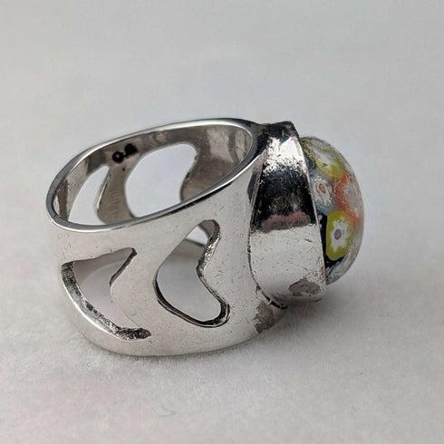 Anillo vintage escocés de plata de ley y cristal de Caithness con diseño millefiori (talla 15)
