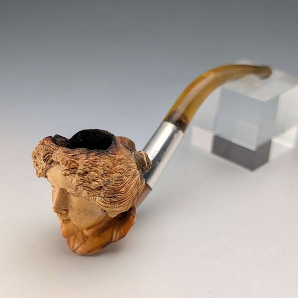1915 British Antique Hand-Carved Female Smoking Pipe Figurine, Made in Meersham, with Pure Silver Decoration