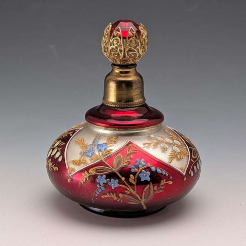 Frasco de perfume antiguo de cristal de Bohemia, estilo Art Nouveau, con decoración floral esmaltada