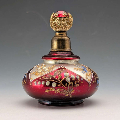 Frasco de perfume antiguo de cristal de Bohemia, estilo Art Nouveau, con decoración floral esmaltada