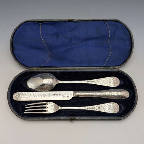 1866年頃 英国アンティーク 純銀製 クリスニングカトラリーセット 計110g ケース入 Martin, Hall&Co