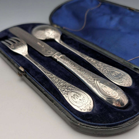1866年頃 英国アンティーク 純銀製 クリスニングカトラリーセット 計110g ケース入 Martin, Hall&Co