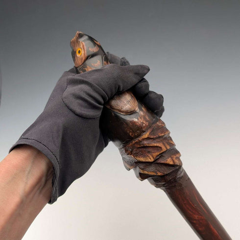 Vintage Natural Wood Hiking Stick with Owl Carving Handle, 129cm