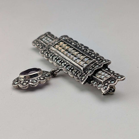 Vintage Sterling Silver Marcasite & Purple Stone Brooch