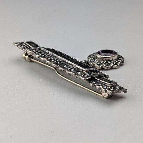 Vintage Sterling Silver Marcasite & Purple Stone Brooch