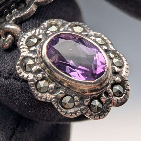 Vintage Sterling Silver Marcasite & Purple Stone Brooch
