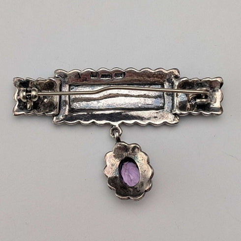 Vintage Sterling Silver Marcasite & Purple Stone Brooch