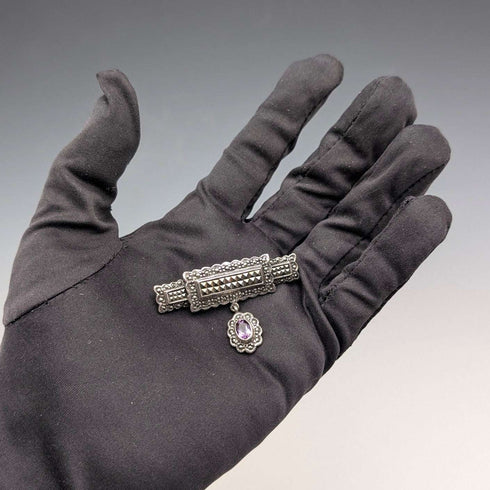 Vintage Sterling Silver Marcasite & Purple Stone Brooch