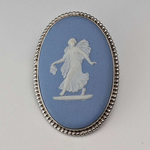1970年 英國復古 Wedgwood 純銀和碧玉浮雕橢圓形胸針 附盒