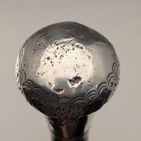 1916 English Antique Black Shaft Sterling Silver Rondel Handle Walking Stick 90cm