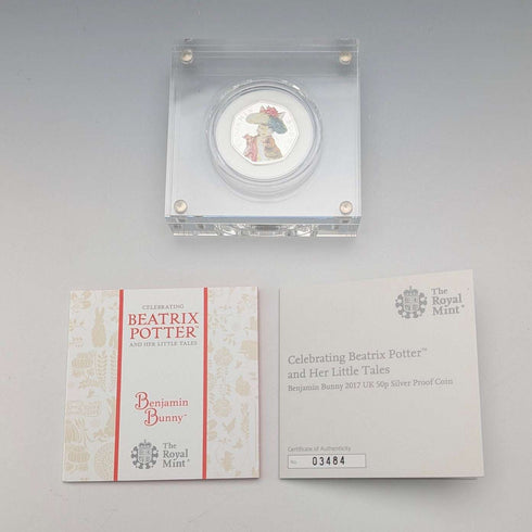 UK Beatrix Potter 150th Anniversary "Benjamin Bunny" 50 Pence Commemorative Silver Coin Royal Mint, with Case and Certificate of Authenticity