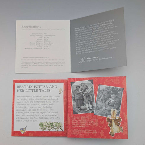 UK Beatrix Potter 150th Anniversary "Benjamin Bunny" 50 Pence Commemorative Silver Coin Royal Mint, with Case and Certificate of Authenticity