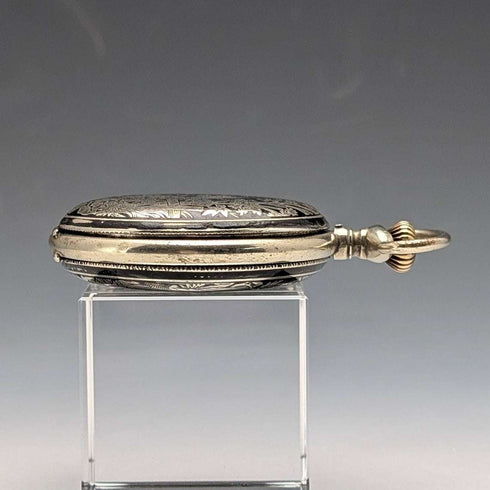 Late 19th Century Antique Unsigned Pocket Watch, Nickel Alloy Niello Decoration, Hunter Case, Working Order