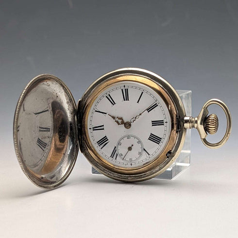 Late 19th Century Antique Unsigned Pocket Watch, Nickel Alloy Niello Decoration, Hunter Case, Working Order