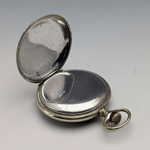 Late 19th Century Antique Unsigned Pocket Watch, Nickel Alloy Niello Decoration, Hunter Case, Working Order