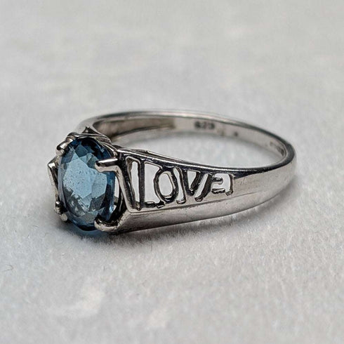 英国复古蓝宝石“LOVE”雕刻纯银戒指(日本15号)