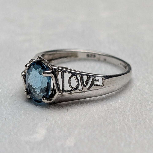 UK Vintage Blue Stone "LOVE" Engraved Sterling Silver Ring (Japanese size 15)