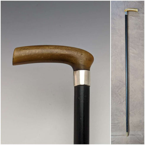 Bastón antiguo británico de 1901, adorno de plata de ley, mango en L de cuerno, 81 cm