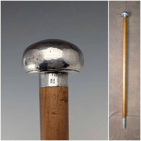 Bastón vintage con eje de madera gruesa y empuñadura redonda de plata pura, 86 cm