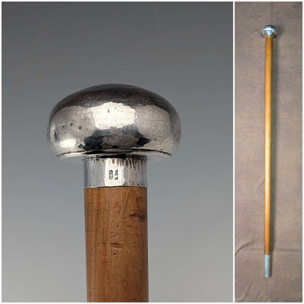 Bastón vintage con eje de madera gruesa y empuñadura redonda de plata pura, 86 cm
