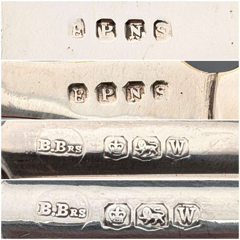 Alrededor de 1939, cubiertos vintage británicos con mango de plata esterlina, 5 pares, de Barker Brothers, en caja de madera