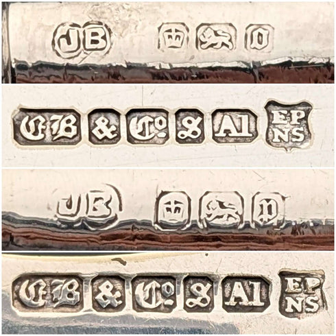 1906년경 영국 앤티크 순은 핸들 커틀러리 6페어 John Biggin 목재 케이스 포함