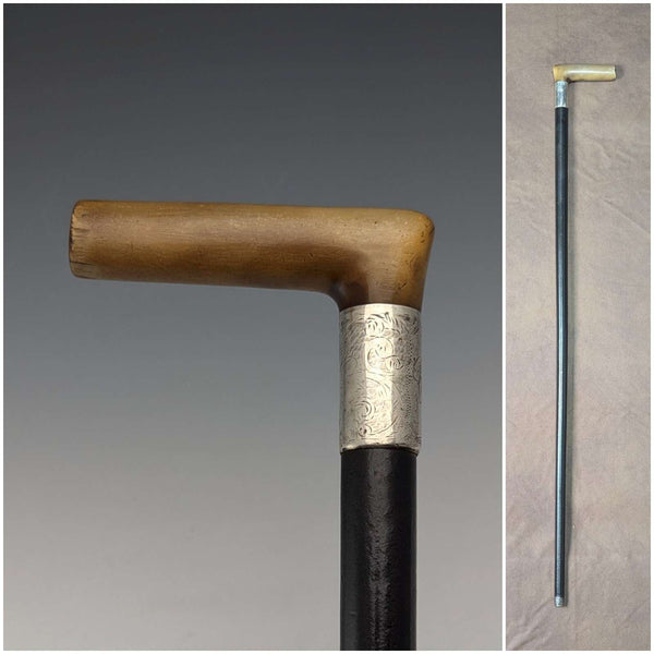 1897年 英国アンティーク 紳士用 純銀装飾 L字ホーンハンドル ステッキ 杖 83cm