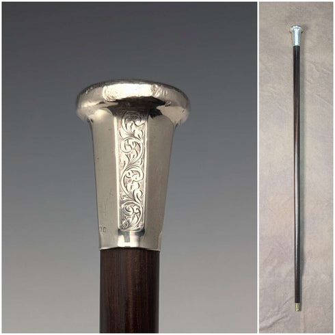 1925 British Vintage Men's Sterling Silver Round Handle Walking Stick 84cm