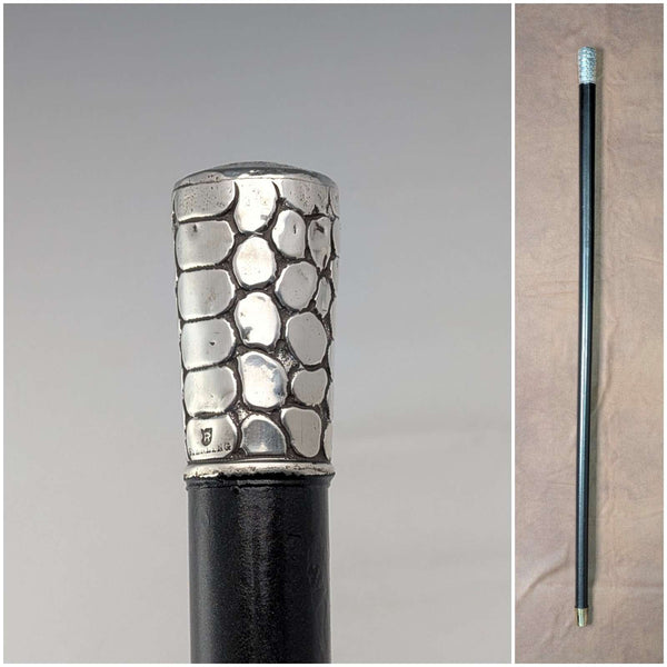 Bastón antiguo estadounidense de 80 cm, con eje negro y mango decorado en plata de ley con textura de cocodrilo