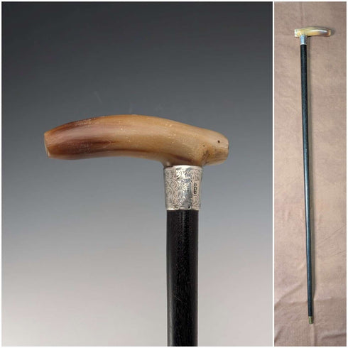 1904년 영국 엔티크 블랙 샤프트 혼 크러치 핸들 순은 장식 지팡이 90cm
