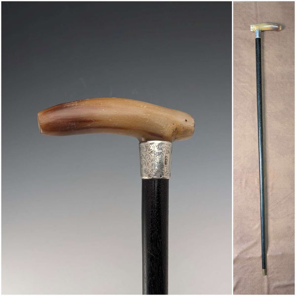 1904 British Antique Black Shaft Horn Clutch Handle Sterling Silver Decorated Walking Stick 90cm