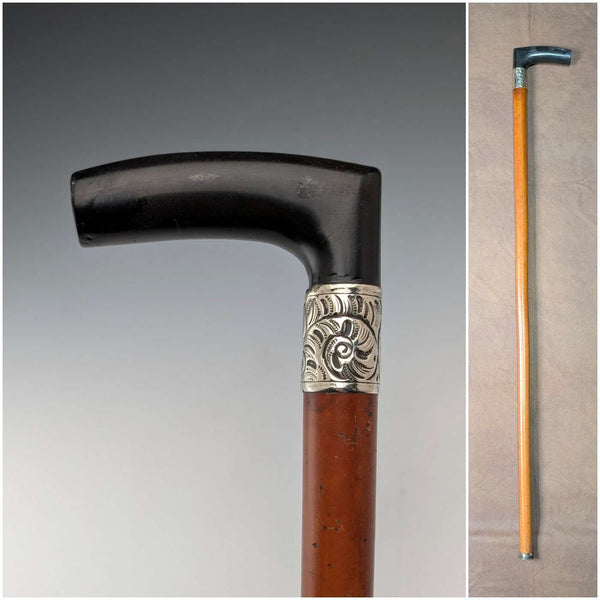 英国古董马来藤杖身树脂L型手柄手杖 88cm