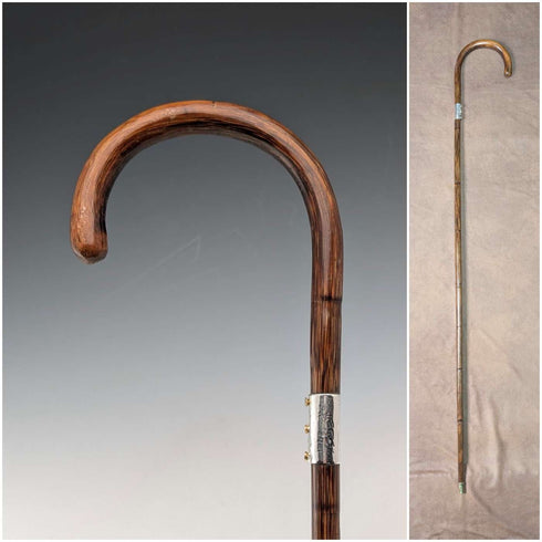 1930년경 영국 빈티지 브라운 샤프트 굽은 핸들 순은 장식 스틱 지팡이 89cm