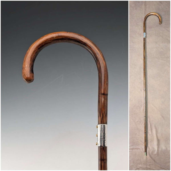1930년경 영국 빈티지 브라운 샤프트 굽은 핸들 순은 장식 스틱 지팡이 89cm