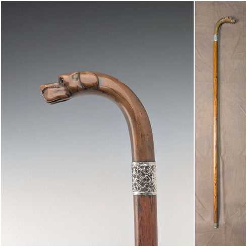 1919 British antique brown shaft dog head handle pure silver decorated walking stick 87cm Jonathan Howell