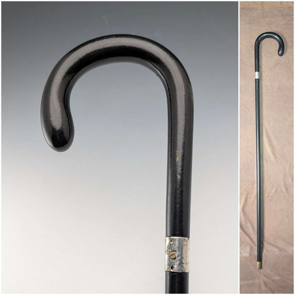 1924년 영국 앤틱 블랙 샤프트 커브 핸들 순은 장식 스틱 지팡이 91cm J Howell&Co