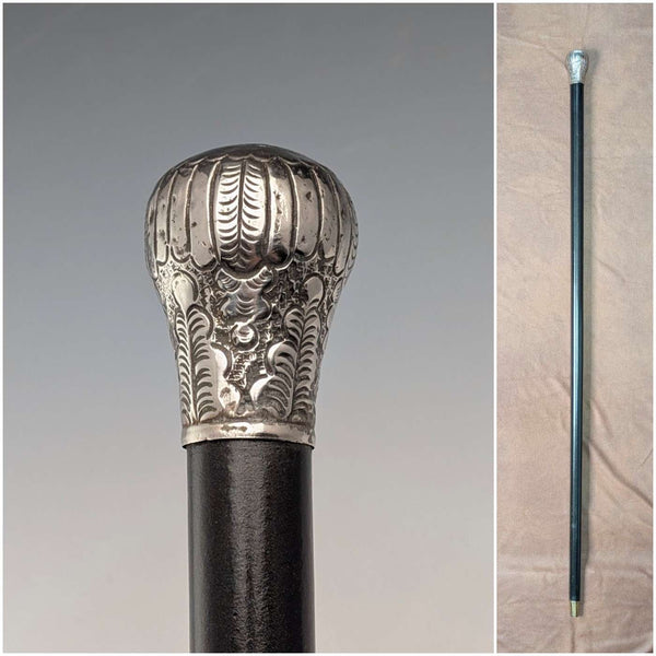 1900년경 앤티크 블랙 샤프트 순은제 론델 핸들 스틱 지팡이 88cm