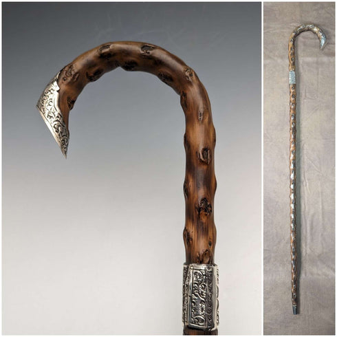Bastón de caballero antiguo británico de 1900, mango curvo con decoración de plata de ley, eje marrón, 90 cm