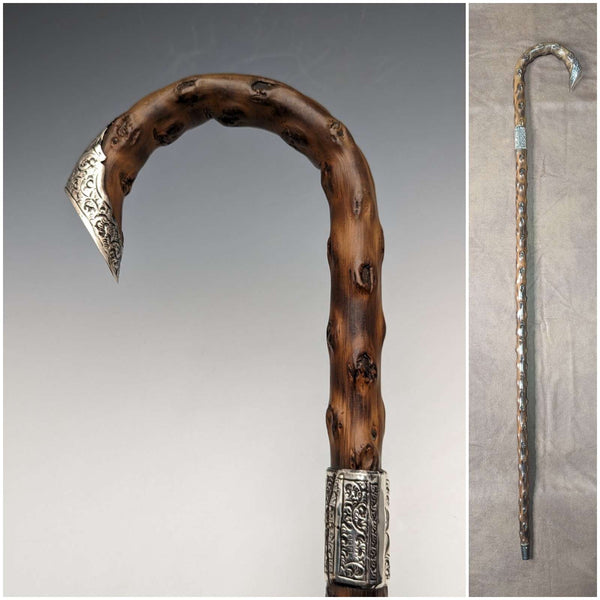 1900년 영국 앤티크 신사용 지팡이, 커브형 핸들, 순은 장식, 브라운 샤프트, 90cm