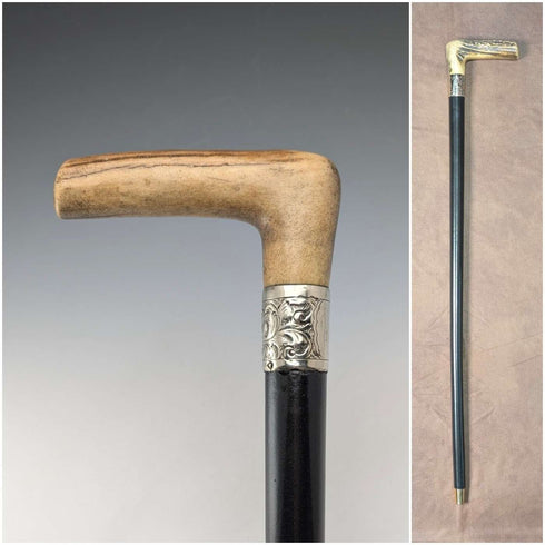 Circa 1900 British antique black shaft L-shaped antler handle walking stick 75cm