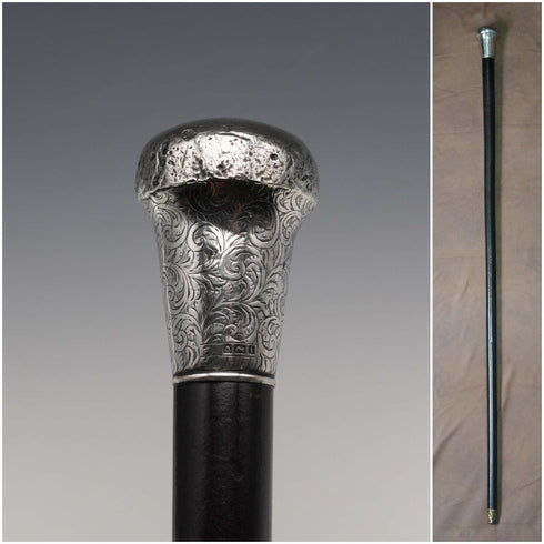 Bastón antiguo británico de 1908, eje negro, mango con rodete de plata de ley, 90 cm, J Howell