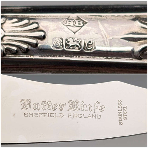 1977年 英国ヴィンテージ 純銀ハンドル バターナイフ Harrison Brothers 紙箱入