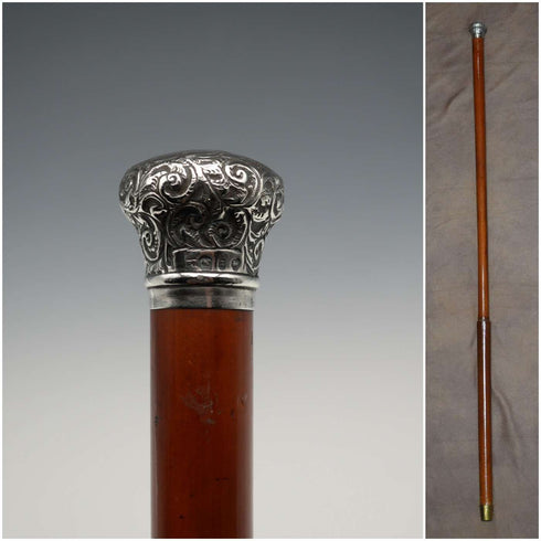 1897年 英国古董 马六甲藤手杖 纯银圆环手柄 93cm