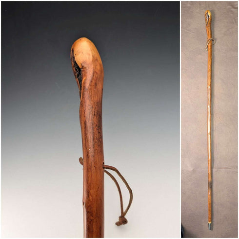 复古天然木登山杖,带皮质背带,124cm