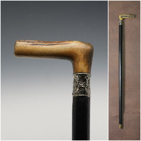 1900년경 영국 앤티크 블랙 샤프트 순은 장식 앤틀러 핸들 스테이키 지팡이 81cm