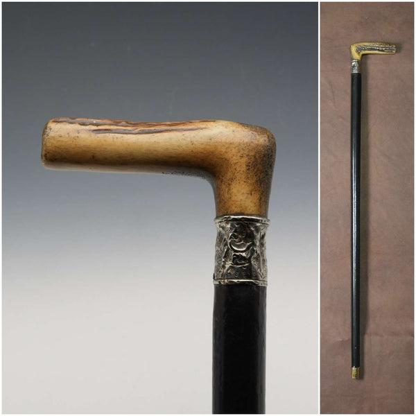 Bastón antiguo inglés de alrededor de 1900, mango de cornamenta con decoración de plata de ley, eje negro, 81 cm