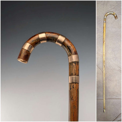 复古棕色杆身弯柄镍带装饰手杖 94cm