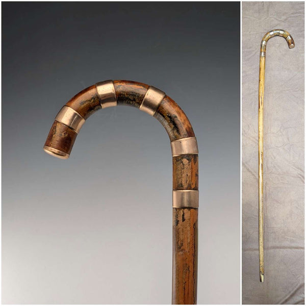 复古棕色杆身弯柄镍带装饰手杖 94cm